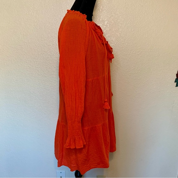 J. Crew Long Sleeve Textured Gauze Dress Ruffle Neck Tassels Red Orange Medium - Picture 10 of 15